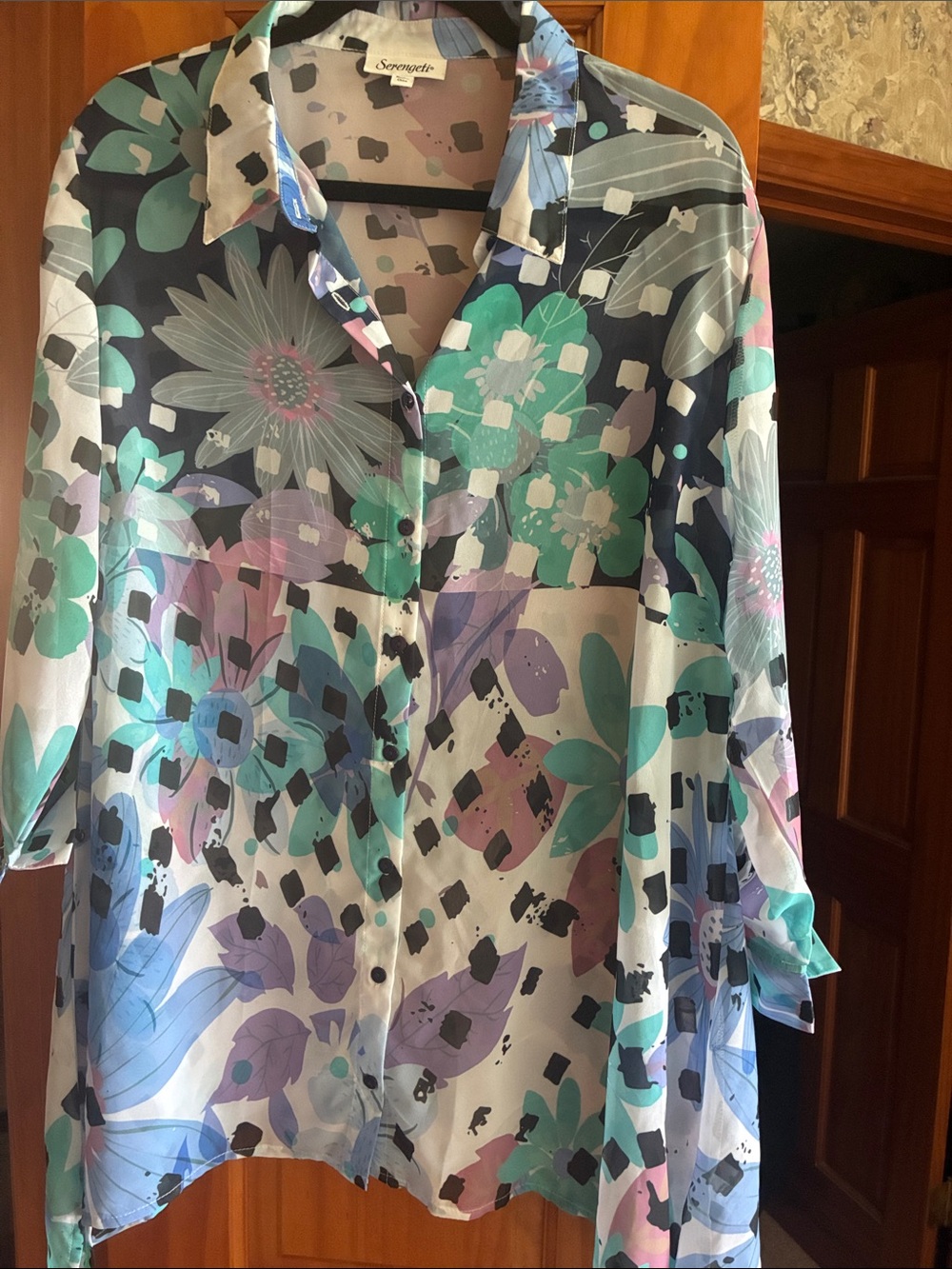 Serengeti Floral Button-Up Blouse in Teal, Lavender, Black & White